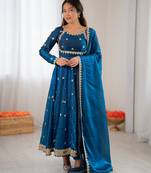 Blue color elegant fandy silk gown set with sequins coding work, pant & dupatta