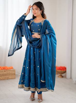 Blueelegant fandy silk gown set with sequins coding work, pant & dupatta 3