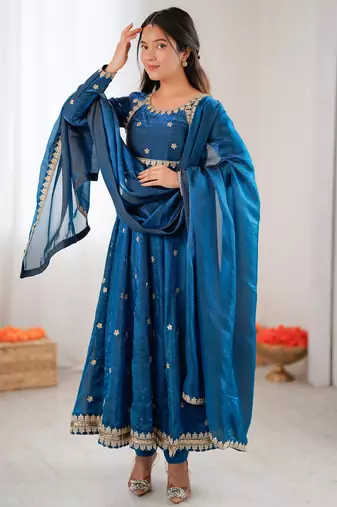 Blueelegant fandy silk gown set with sequins coding work, pant & dupatta