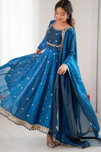 Blueelegant fandy silk gown set with sequins coding work, pant & dupatta
