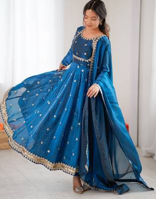 Blueelegant fandy silk gown set with sequins coding work, pant & dupatta 5