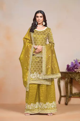 Mustard gold crush embroidery & sequins semi stitched suit size up to 42