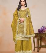 Mustard gold crush embroidery & sequins semi stitched suit size up to 42
