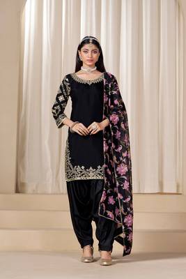 Black roman silk embroidery sequins original glass work & printed dupatta semi stitched suit size up to 42 1