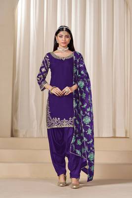 Purple roman silk embroidery sequins original glass work & printed dupatta semi stitched suit size up to 42 1