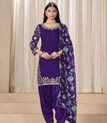 Purple roman silk embroidery sequins original glass work & printed dupatta semi stitched suit size up to 42