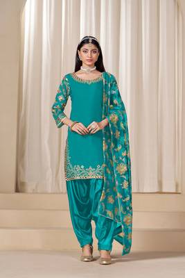 Blue roman silk embroidery sequins original glass work & printed dupatta semi stitched suit size up to 42 1