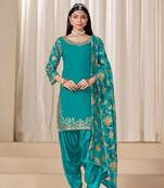 Blue roman silk embroidery sequins original glass work & printed dupatta semi stitched suit size up to 42