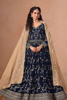 Navy blue georgette zari embroidery & sequins semi stitched suit size up to 42 1