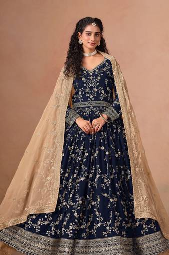 Navy blue georgette zari embroidery & sequins semi stitched suit size up to 42