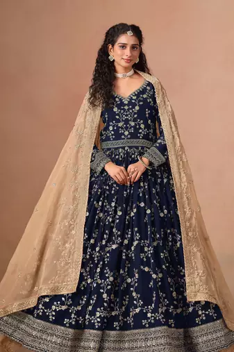 Navy blue georgette zari embroidery & sequins semi stitched suit size up to 42