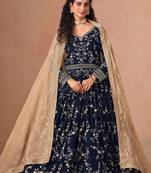 Navy blue georgette zari embroidery & sequins semi stitched suit size up to 42