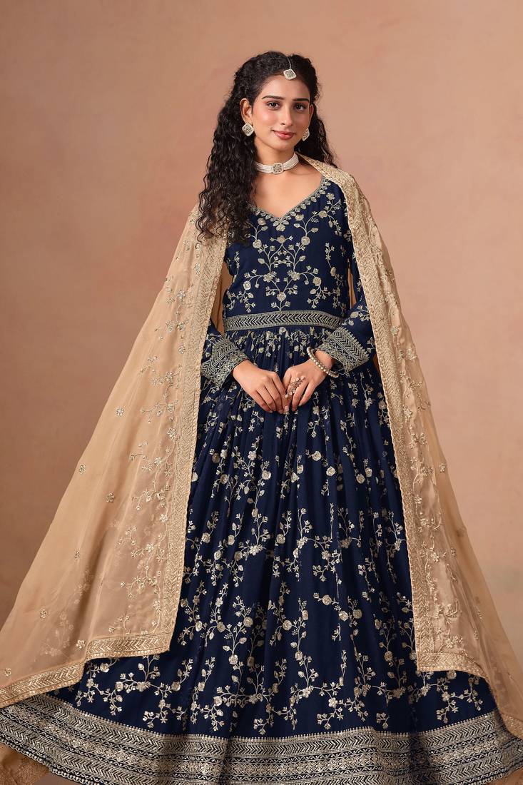 Navy blue georgette zari embroidery & sequins semi stitched suit size up to 42