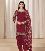 Maroon roman silk embroidery sequins original glass work & printed dupatta semi stitched suit size up to 42
