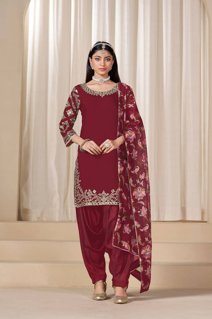Maroon roman silk embroidery sequins original glass work & printed dupatta semi stitched suit size up to 42