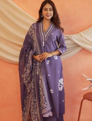 Purple vichitra silk zari embroidery beads sequence work & floral printed free size stitch suit size up to 42 3