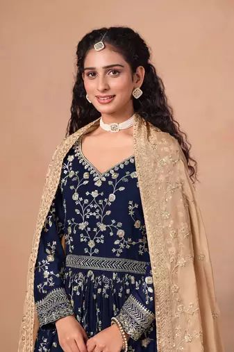 Navy blue georgette zari embroidery & sequins semi stitched suit size up to 42