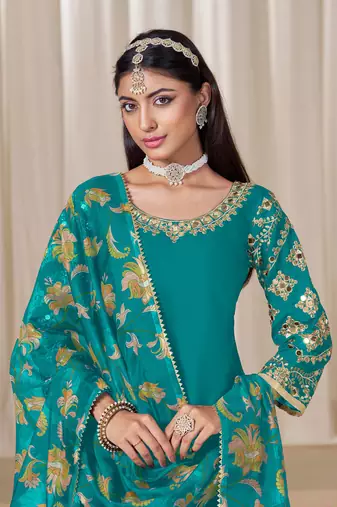 Blue roman silk embroidery sequins original glass work & printed dupatta semi stitched suit size up to 42