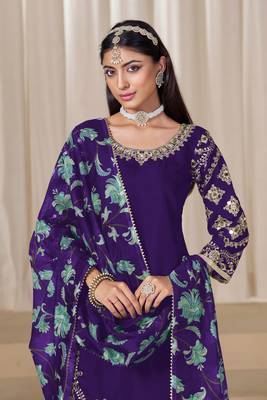 Purple roman silk embroidery sequins original glass work & printed dupatta semi stitched suit size up to 42 2