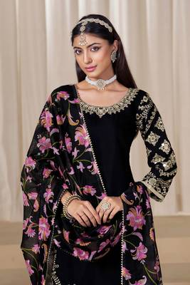 Black roman silk embroidery sequins original glass work & printed dupatta semi stitched suit size up to 42 2