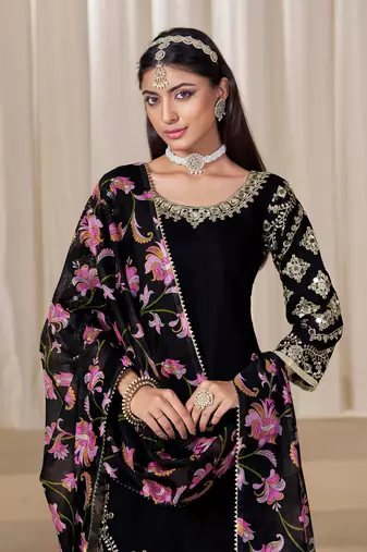 Black roman silk embroidery sequins original glass work & printed dupatta semi stitched suit size up to 42