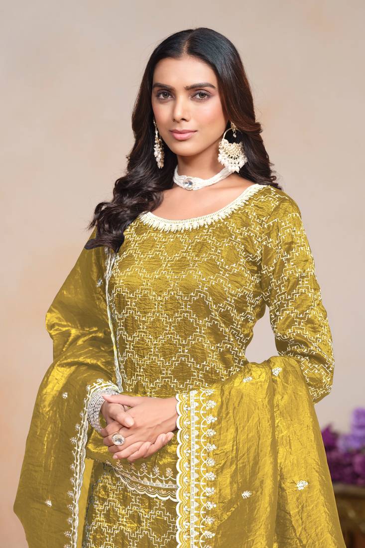 Mustard gold crush embroidery & sequins semi stitched suit size up to 42