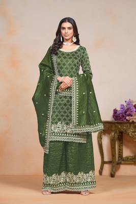 Dark olive green gold crush embroidery & sequins semi stitched suit size up to 42 1