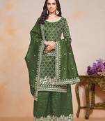 Dark olive green gold crush embroidery & sequins semi stitched suit size up to 42