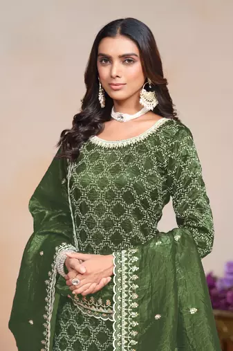 Dark olive green gold crush embroidery & sequins semi stitched suit size up to 42