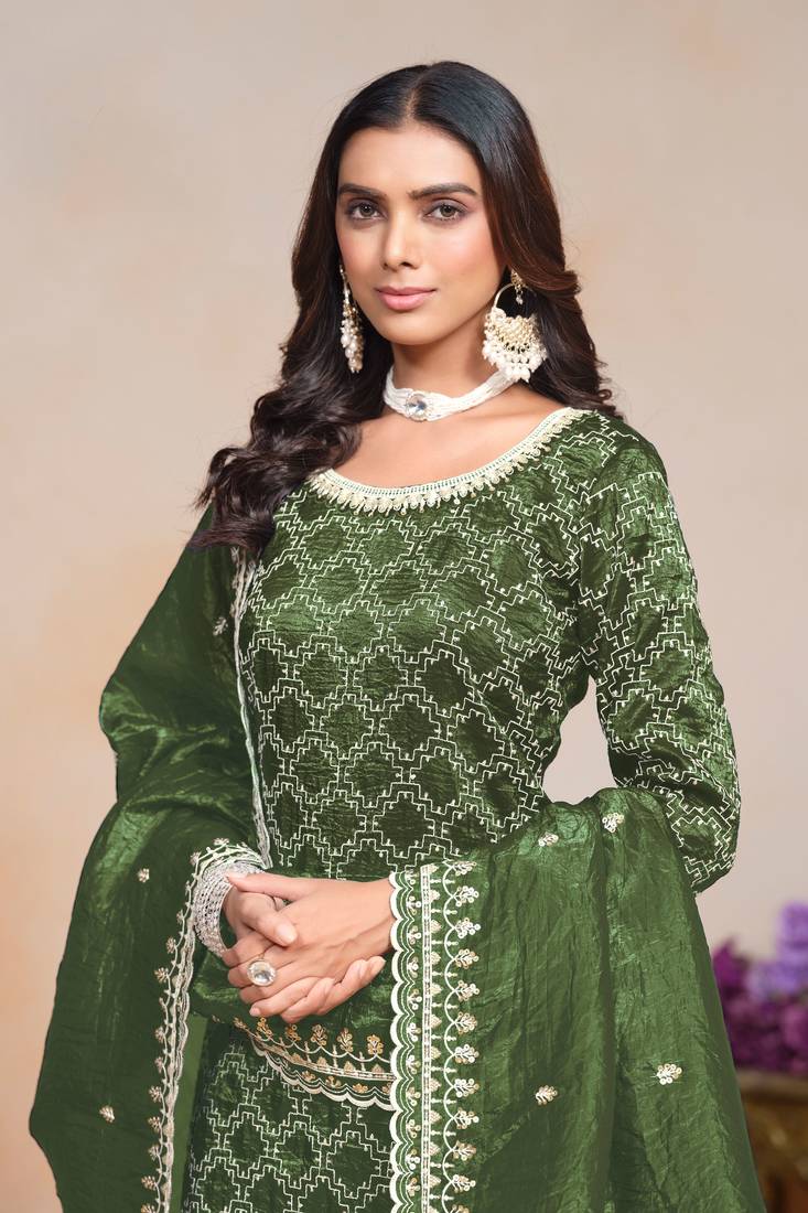 Dark olive green gold crush embroidery & sequins semi stitched suit size up to 42