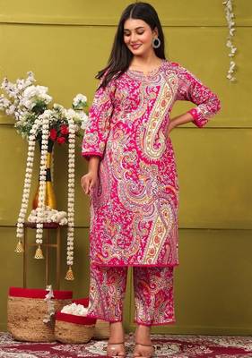 pink rayon printed straight kurta with pant set 1