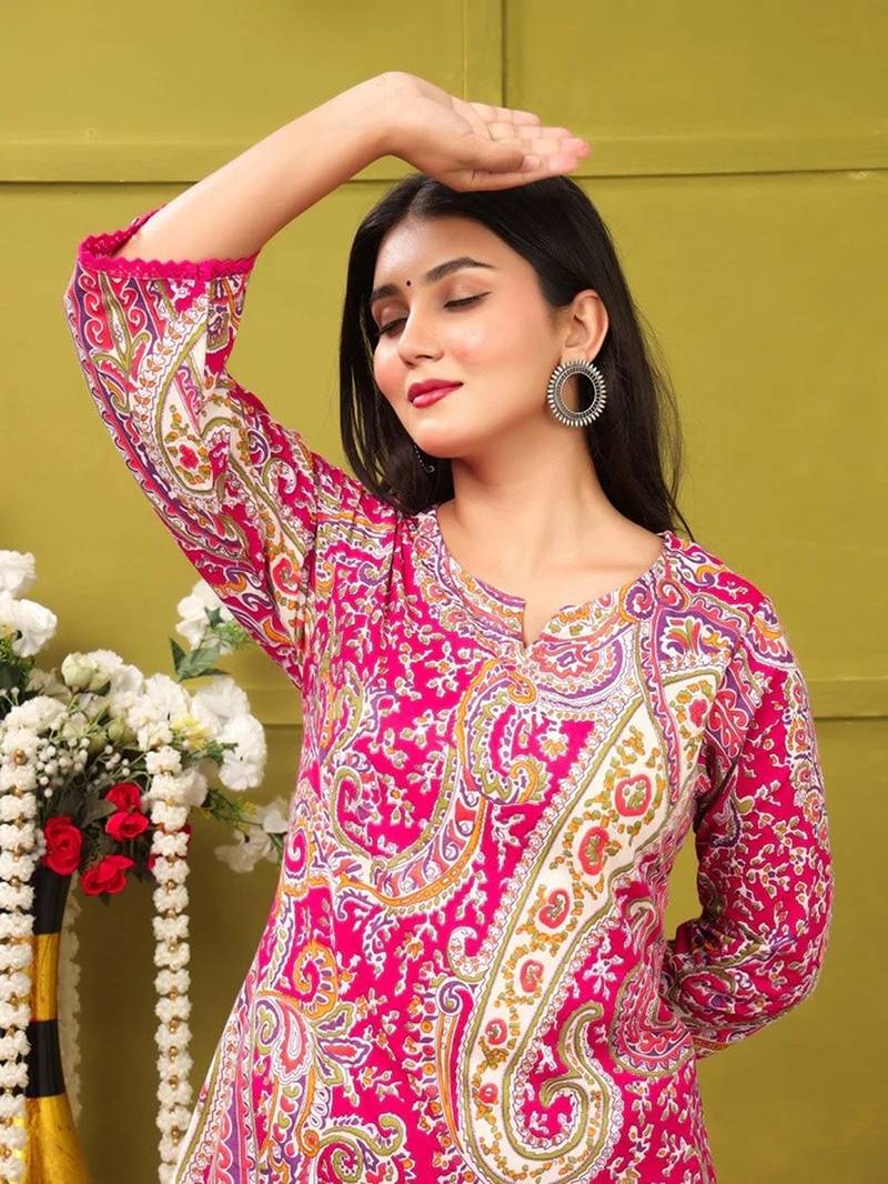 pink rayon printed straight kurta with pant set