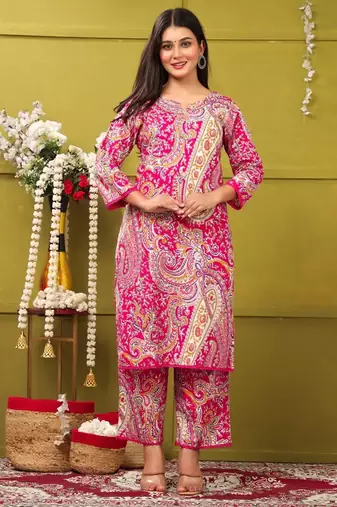 pink rayon printed straight kurta with pant set
