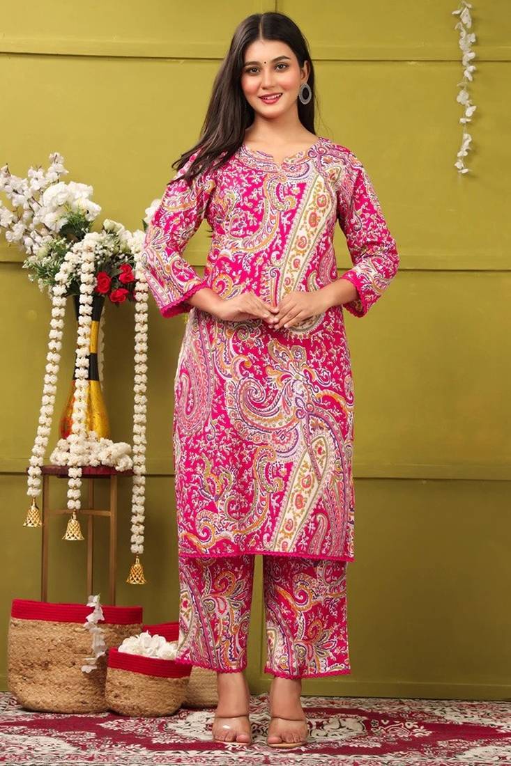 pink rayon printed straight kurta with pant set