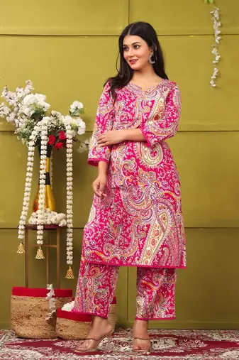 pink rayon printed straight kurta with pant set