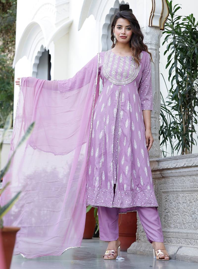 Anarkali rayon printed embroidered kurta pant and dupatta set for women and girls
