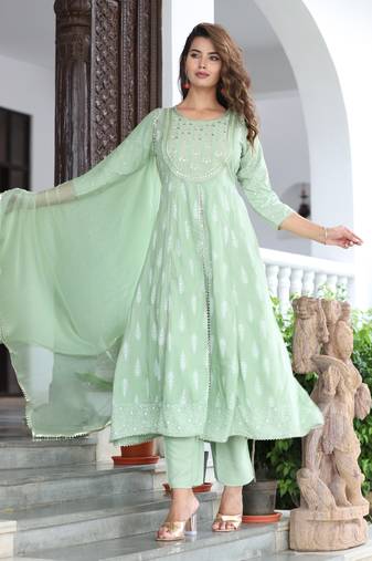 Anarkali rayon printed embroidered kurta pant and dupatta set for women and girls