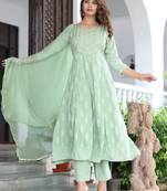 green rayon printed embroidered anarkali kurta pant set	
