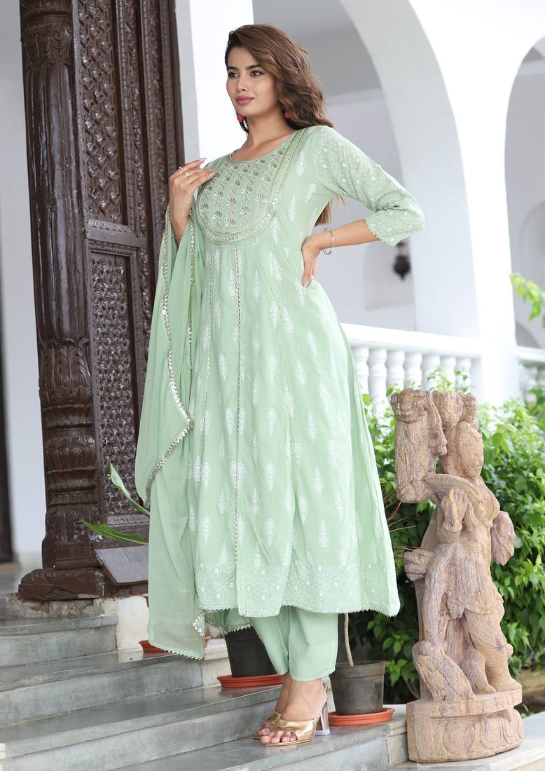 green rayon printed embroidered anarkali kurta pant set	