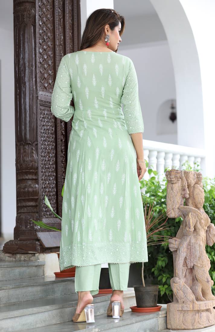 green rayon printed embroidered anarkali kurta pant set	