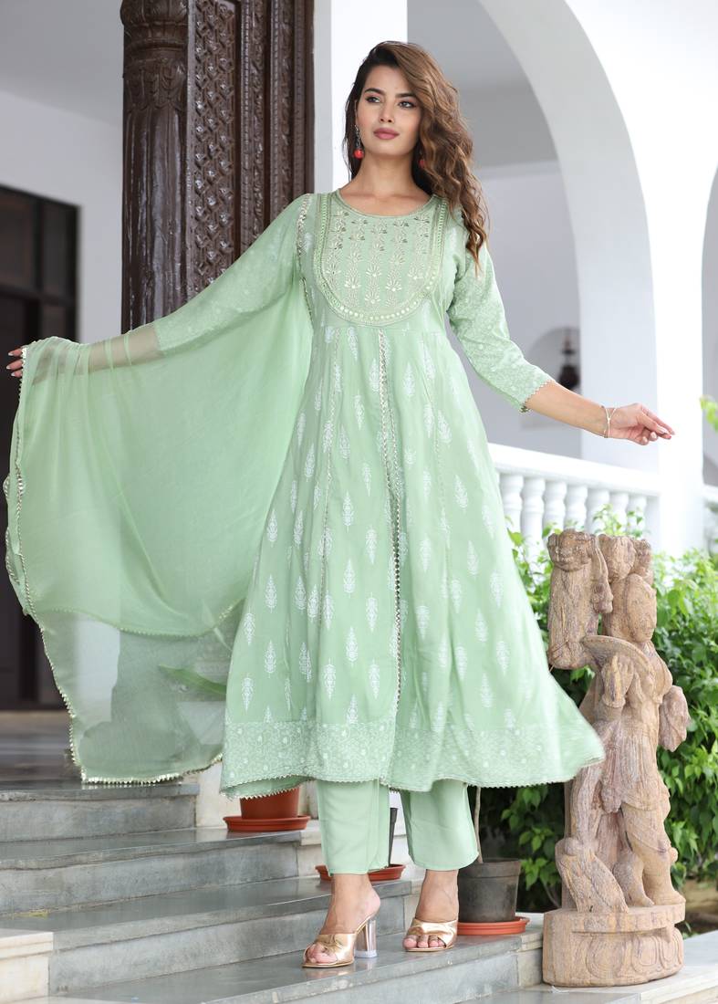 green rayon printed embroidered anarkali kurta pant set	