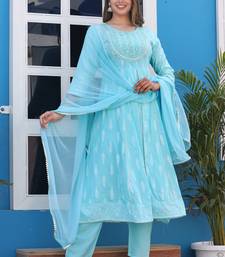 Anarkali rayon printed embroidered kurta pant and dupatta set for women and girls