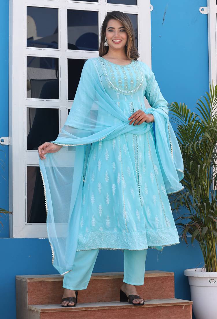 light sky blue rayon printed embroidered anarkali kurta pant set	