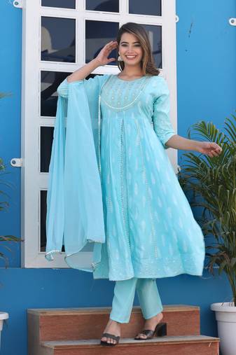 Anarkali rayon printed embroidered kurta pant and dupatta set for women and girls