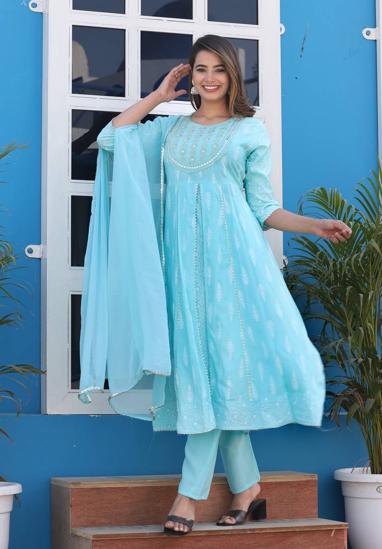 Anarkali rayon printed embroidered kurta pant and dupatta set for women and girls