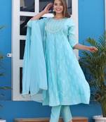 light sky blue rayon printed embroidered anarkali kurta pant set	