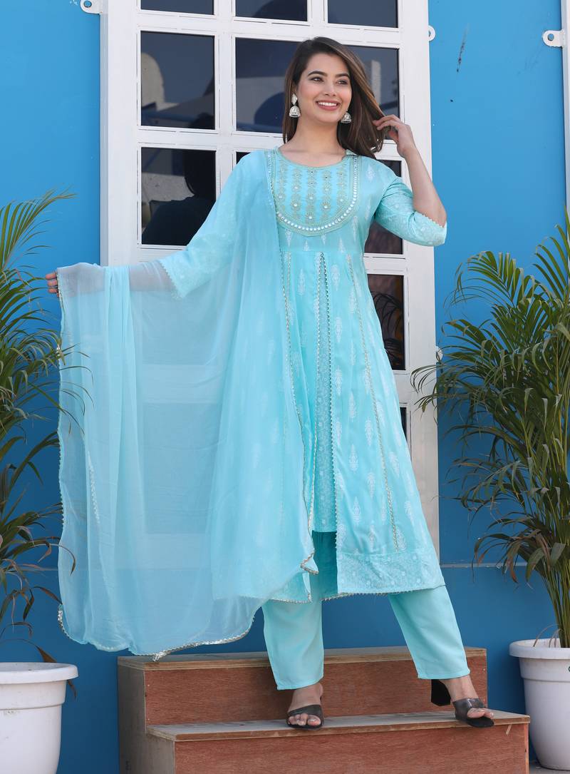 light sky blue rayon printed embroidered anarkali kurta pant set	