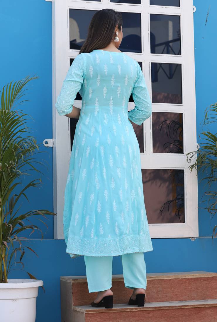 light sky blue rayon printed embroidered anarkali kurta pant set	