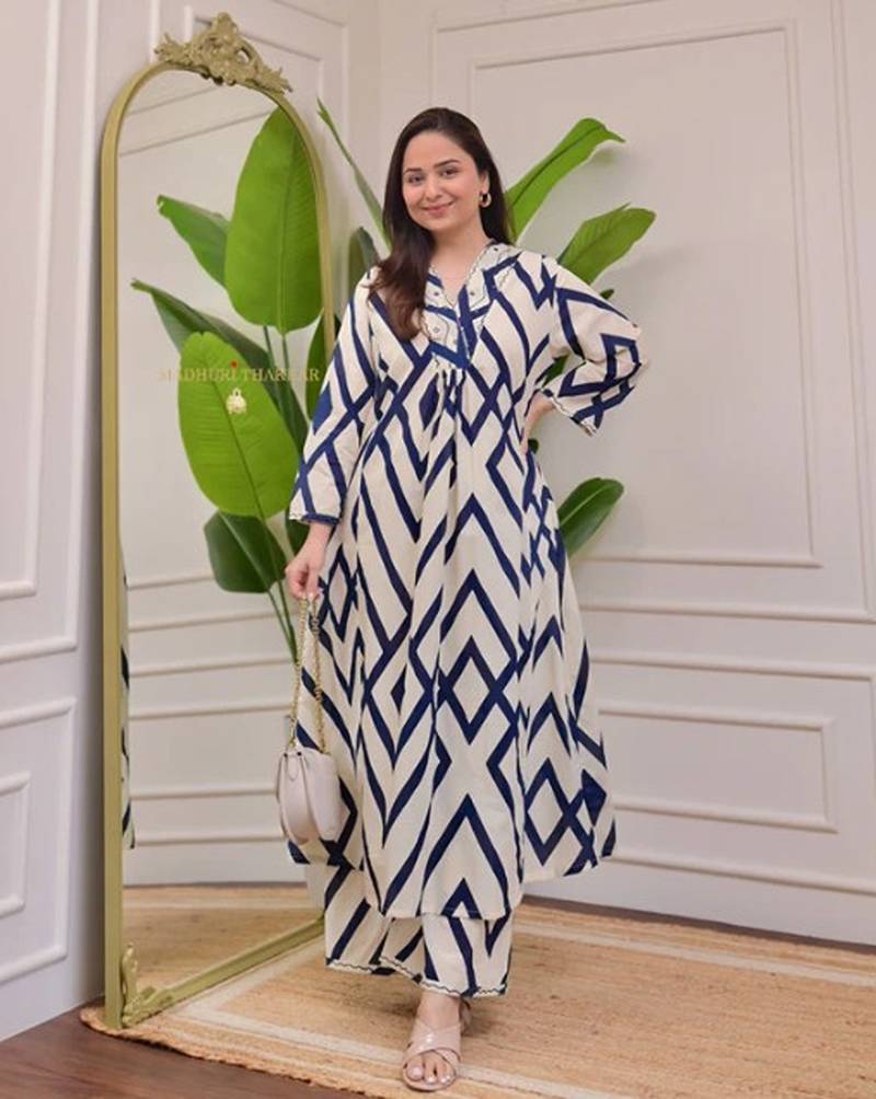 cream blue rayon printed a line kurta with pant set