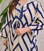 cream blue rayon printed a line kurta with pant set